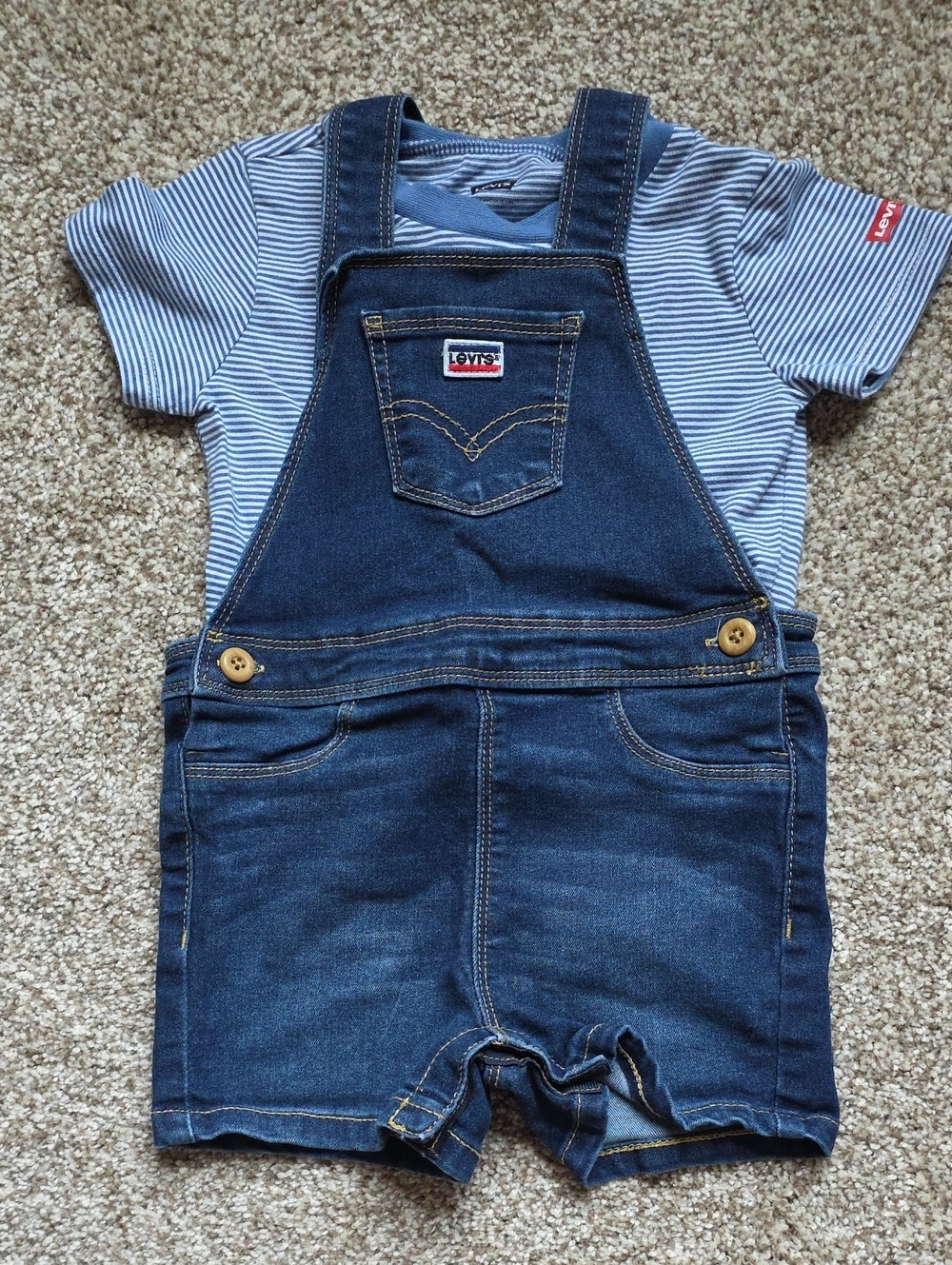 Levi's Toddler Dark Blue Denim Short Overalls with Striped Tee